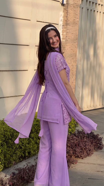 90's Style Glam Kurta Set with Bell Bottom Palazzo & Dupatta