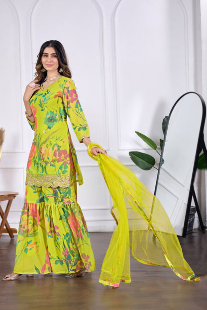 Palak Embroidered Printed Sharara Set with Dupatta
