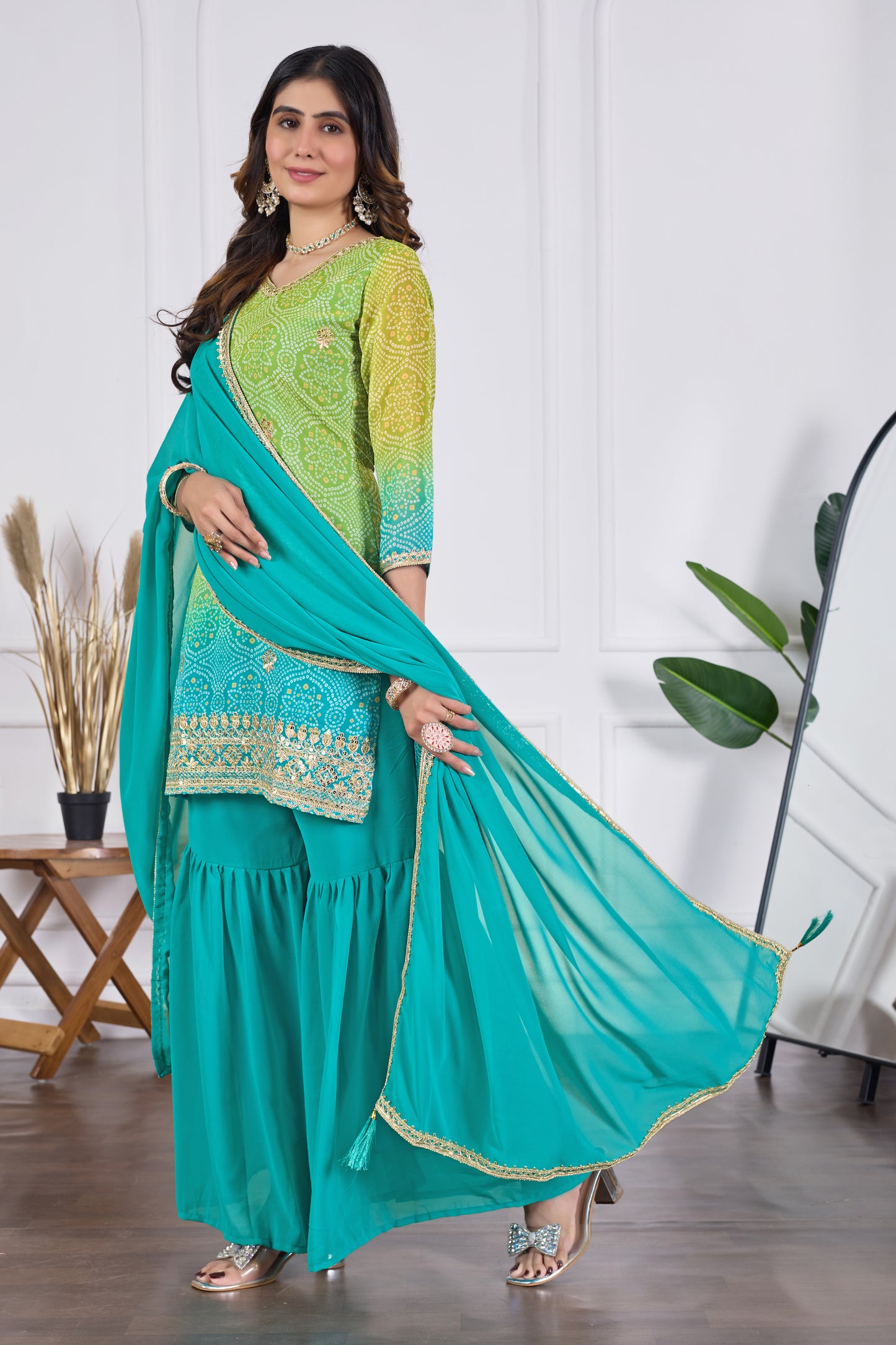 Bandhani Embroidered Printed Sharara Set with Dupatta