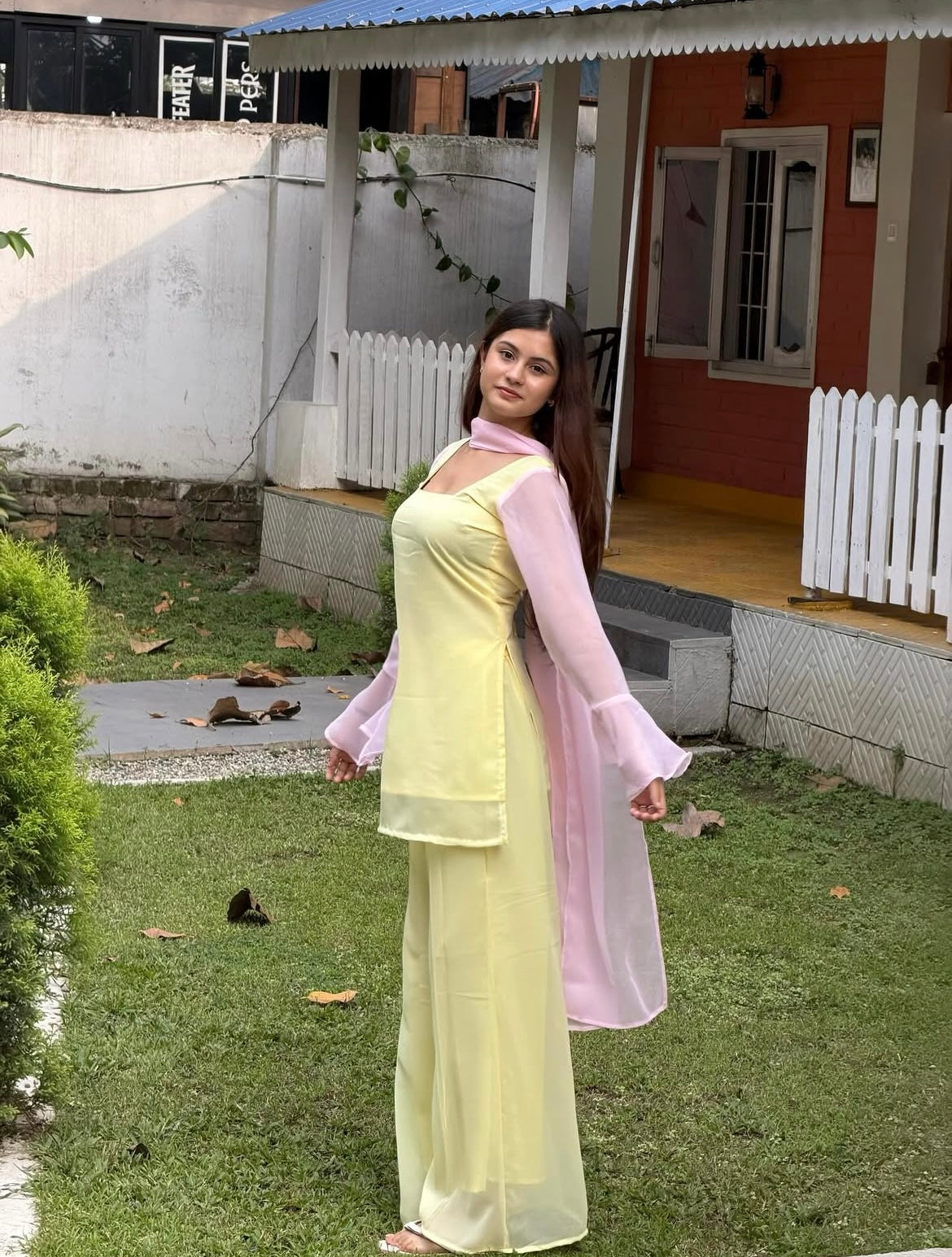 90's Style Iconic Pastel Yellow Kurta Set with Bell Bottom Palazzo & Dupatta