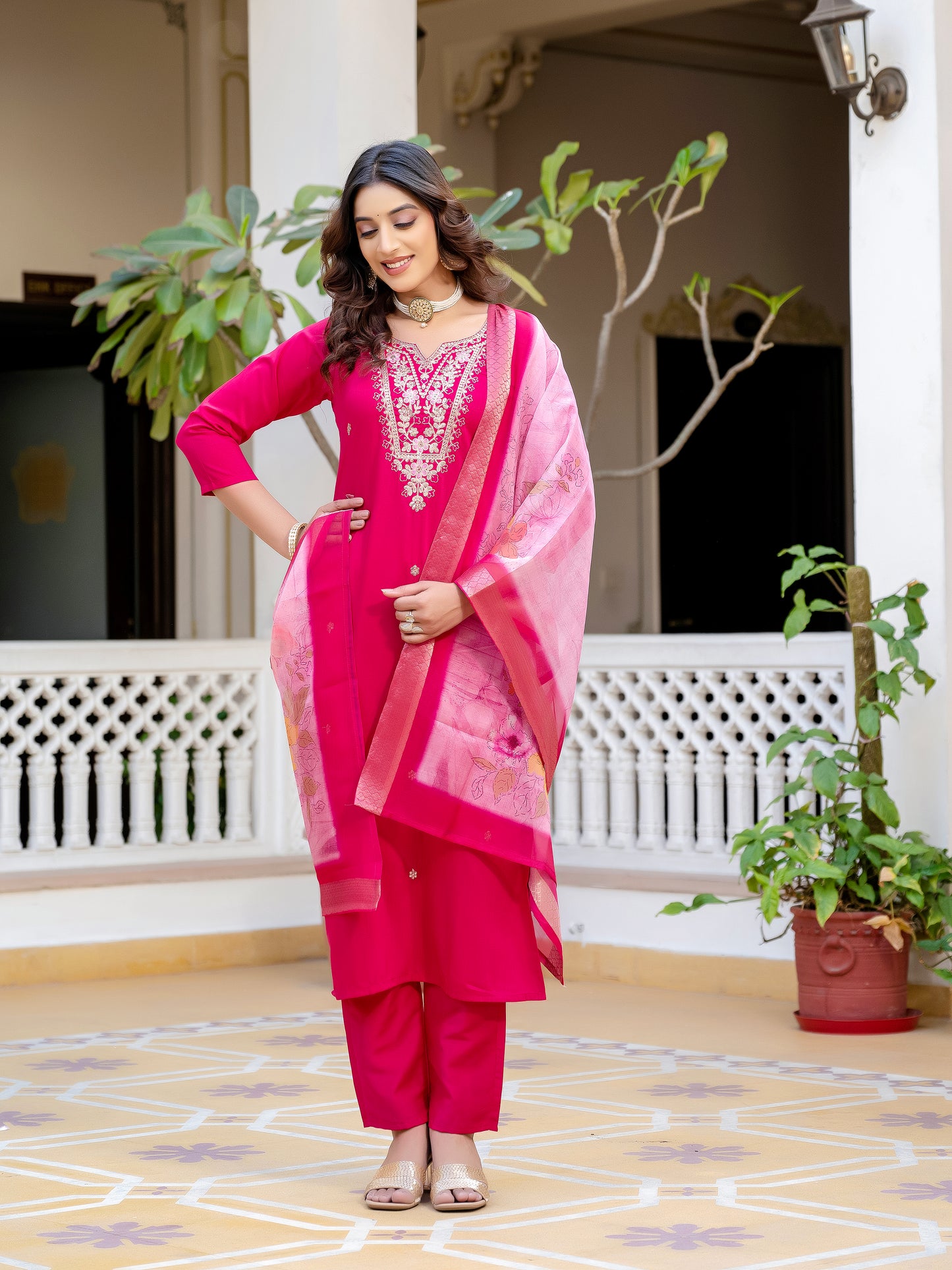 Sara Motifs Embroidered Silk Kurta with Trouser & Dupatta