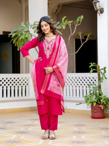 Sara Motifs Embroidered Silk Kurta with Trouser & Dupatta