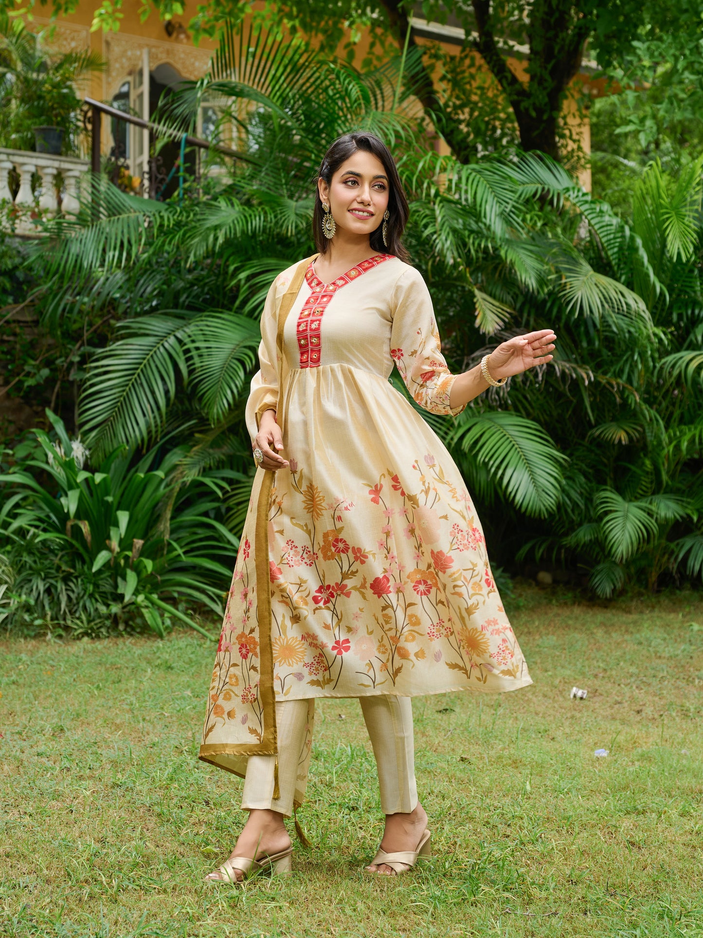 Ira Floral Printed Anarkali Pleated Kurta & Trousers With Printed Dupatta
