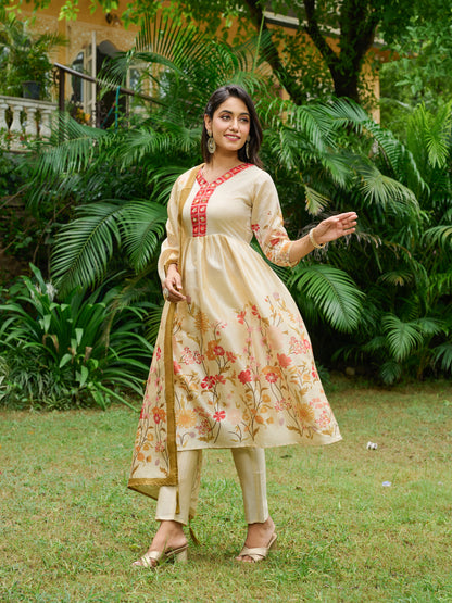 Ira Floral Printed Anarkali Pleated Kurta & Trousers With Printed Dupatta