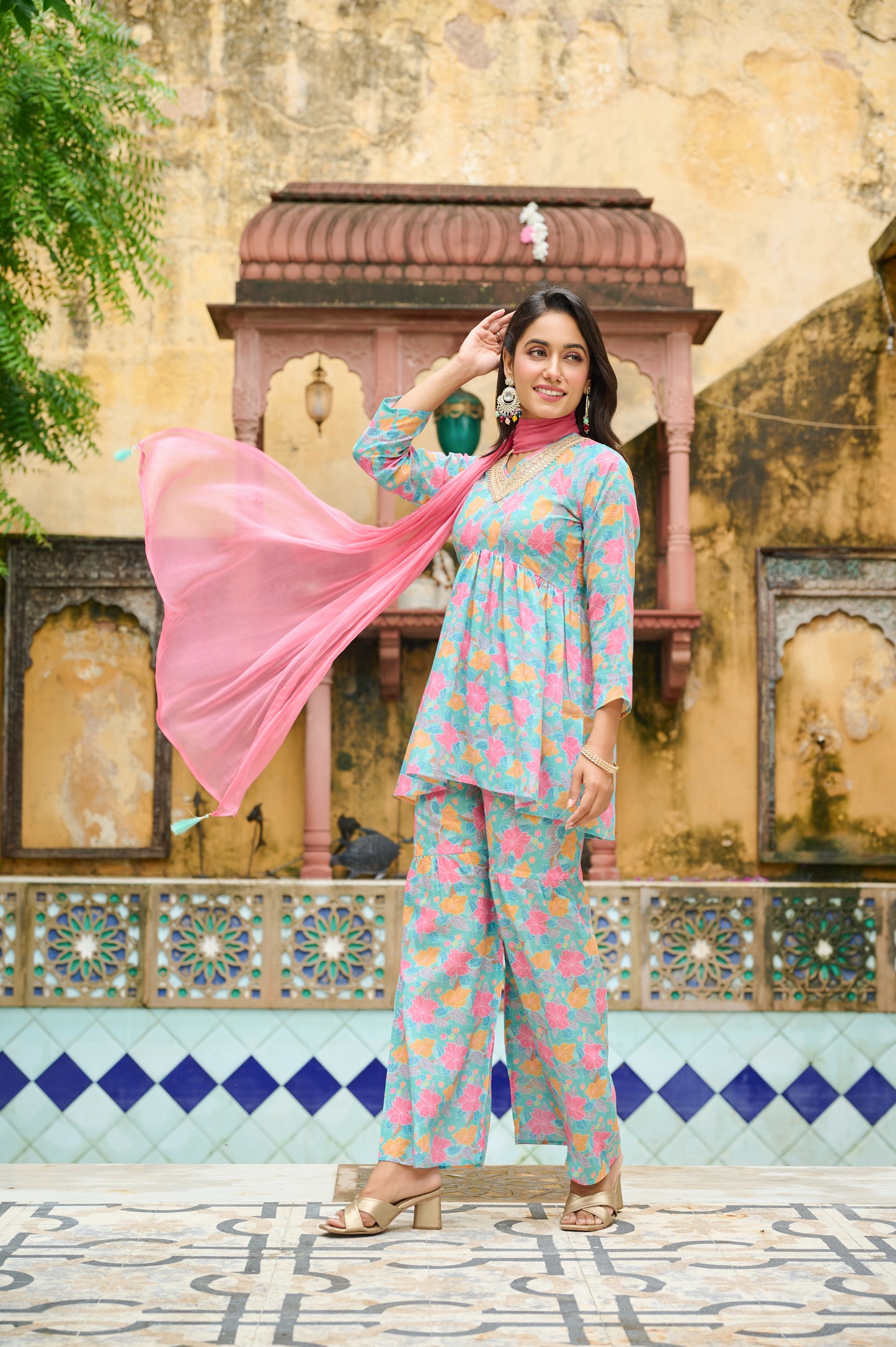 Kudi Botanical Print Cotton Kurta Set with Dupatta