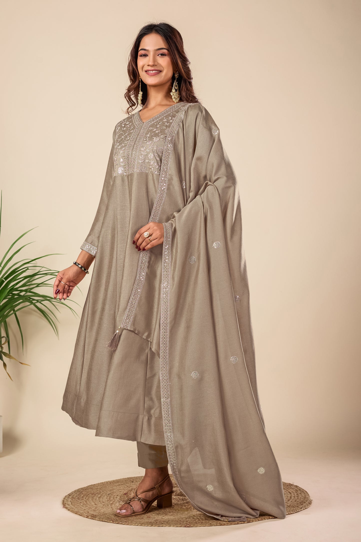 Beige Embroidered Silk Anarkali Kurta With Dupatta Set