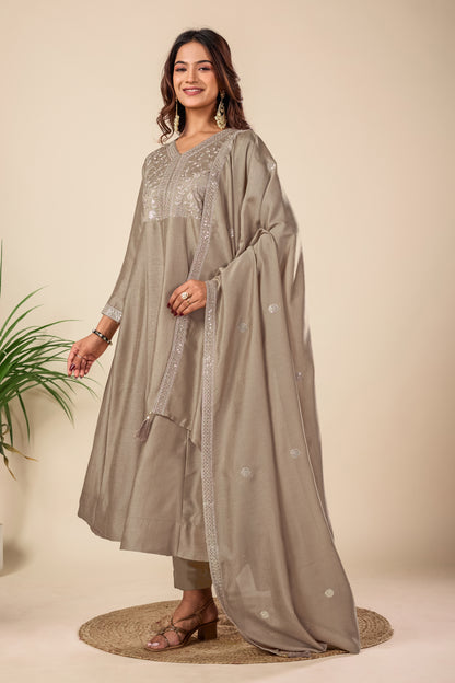 Beige Embroidered Silk Anarkali Kurta With Dupatta Set