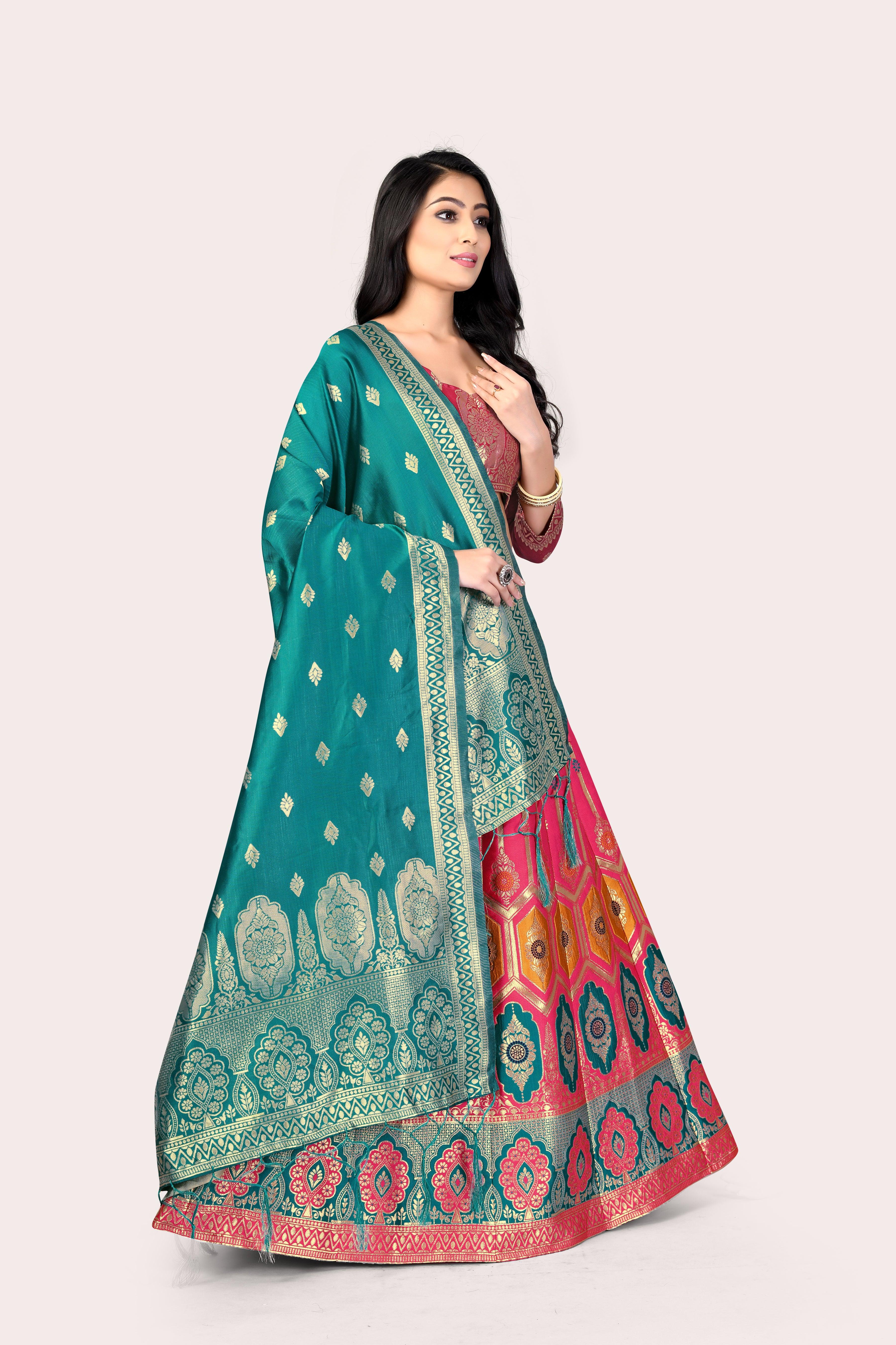 Graceful Grandeur: Banarasi Lehenga Choli Set with Veil - Decize Clothing