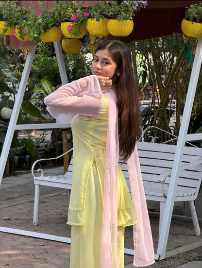 90's Style Iconic Pastel Yellow Kurta Set with Bell Bottom Palazzo & Dupatta