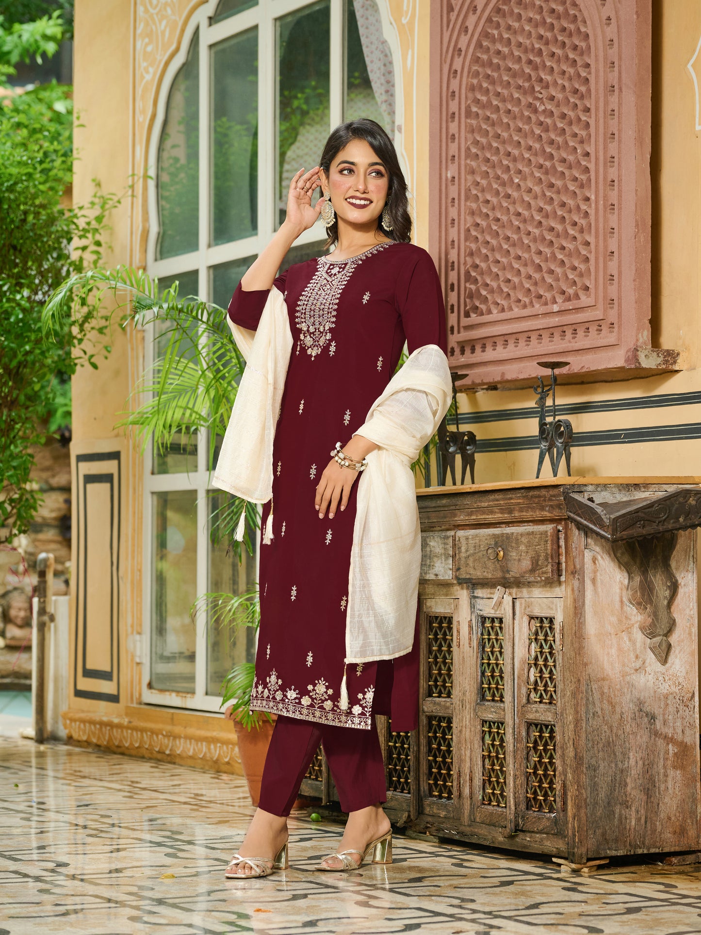 Tanvi Silk Blend Embroidered Kurta Set with Trousers and dupatta
