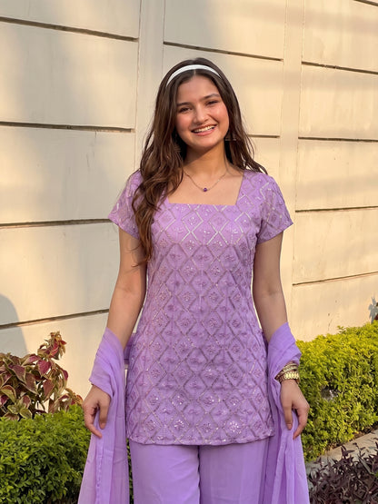 90's Style Glam Kurta Set with Bell Bottom Palazzo & Dupatta