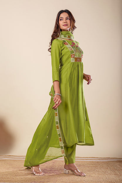 Lotus Green Embroidered Pure Mul Chanderi Anarkali Kurta With Dupatta Set