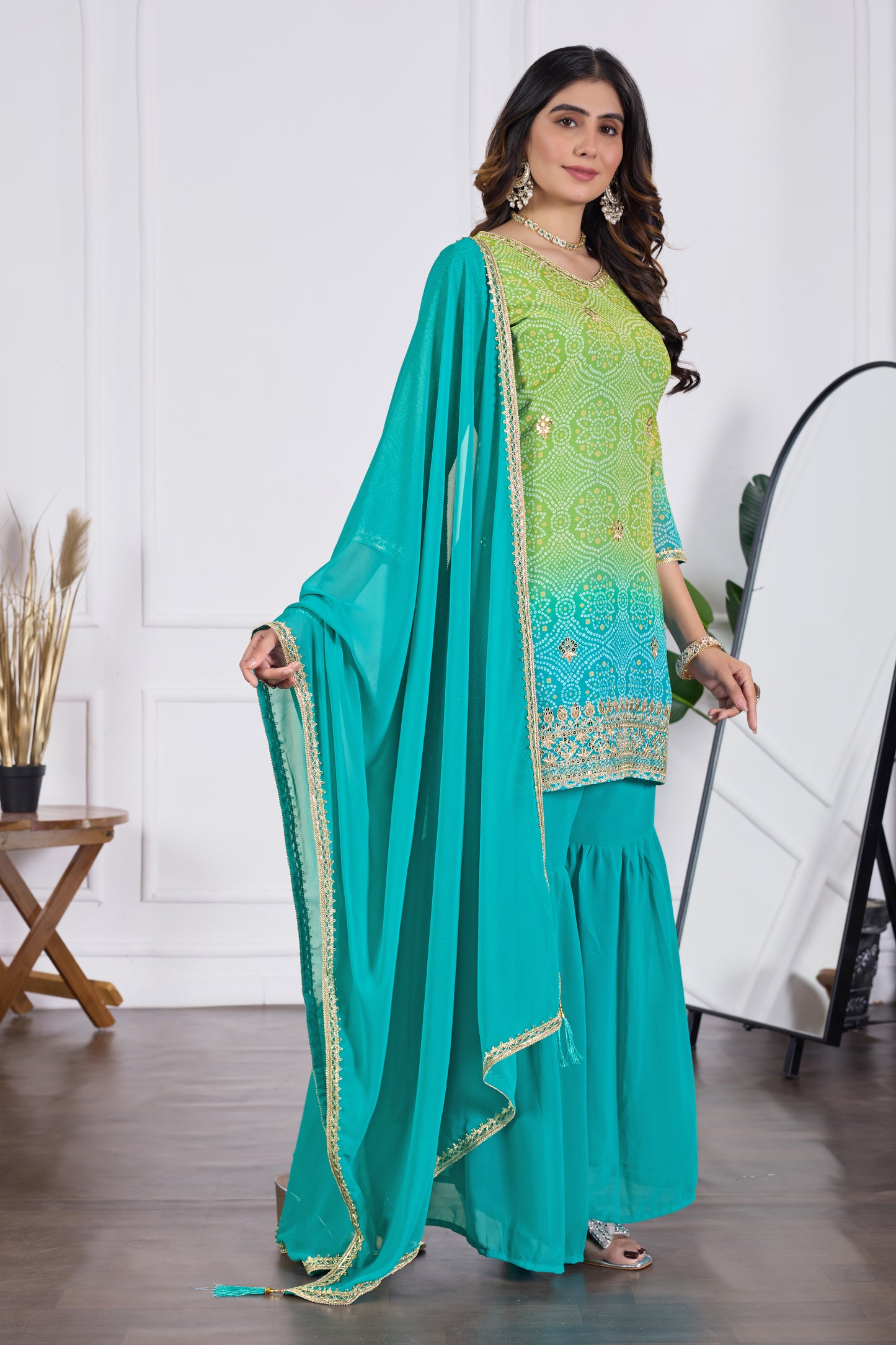 Bandhani Embroidered Printed Sharara Set with Dupatta