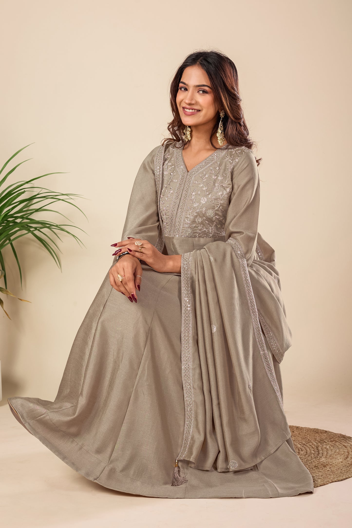 Beige Embroidered Silk Anarkali Kurta With Dupatta Set