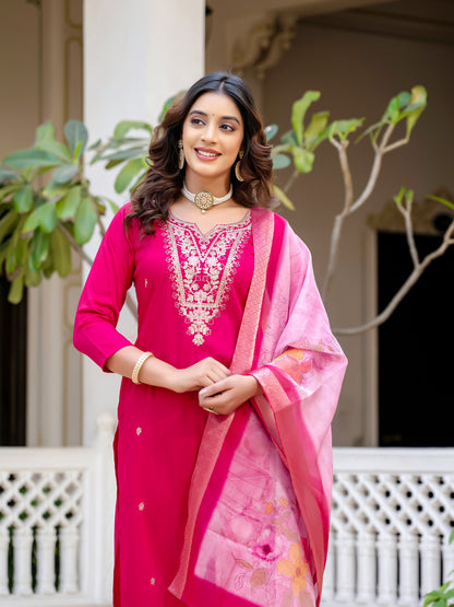 Sara Motifs Embroidered Silk Kurta with Trouser & Dupatta