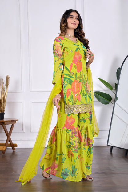 Palak Embroidered Printed Sharara Set with Dupatta