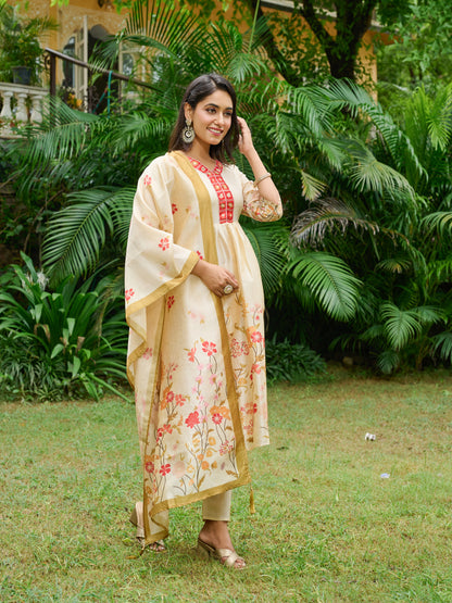 Ira Floral Printed Anarkali Pleated Kurta & Trousers With Printed Dupatta