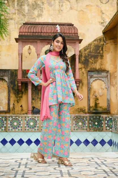 Kudi Botanical Print Cotton Kurta Set with Dupatta