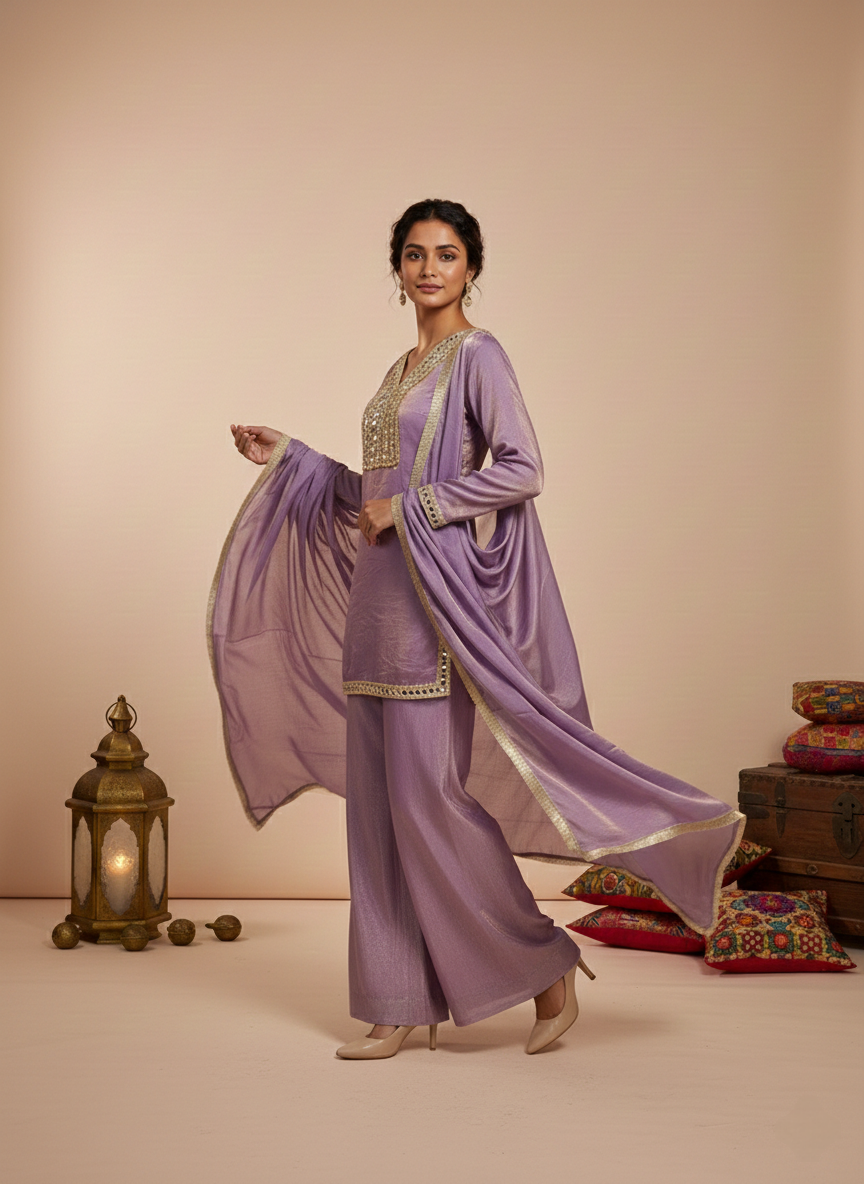 Mirror Work Embroidered Kurti with Dupatta & Plazo