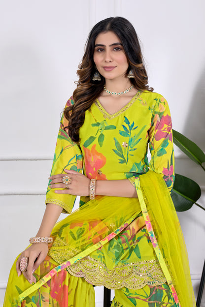 Palak Embroidered Printed Sharara Set with Dupatta