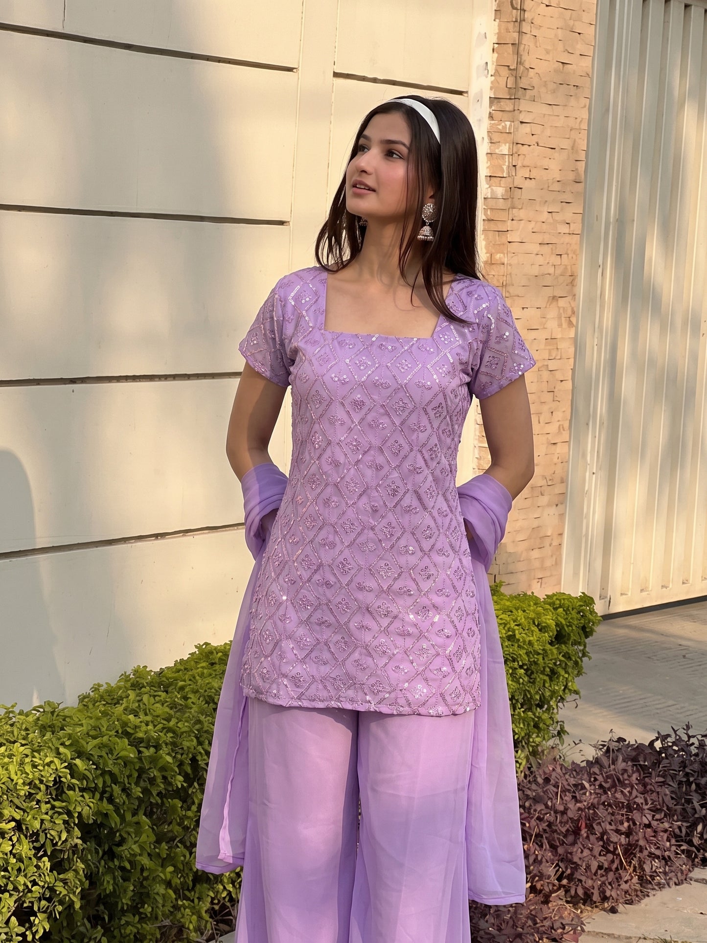 90's Style Glam Kurta Set with Bell Bottom Palazzo & Dupatta