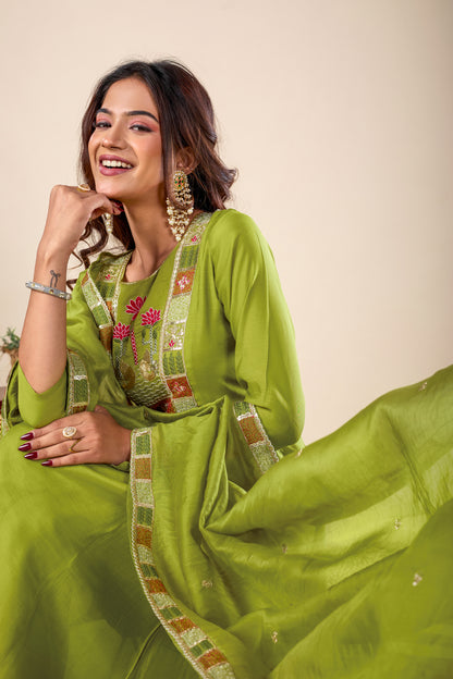 Lotus Green Embroidered Pure Mul Chanderi Anarkali Kurta With Dupatta Set