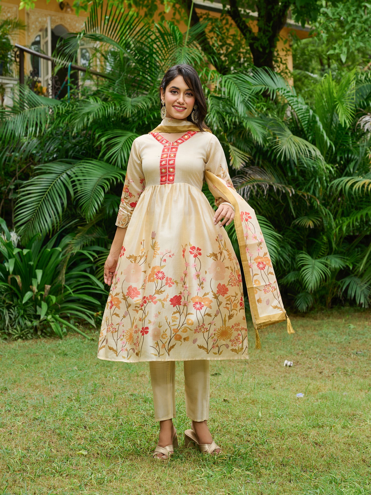 Ira Floral Printed Anarkali Pleated Kurta & Trousers With Printed Dupatta