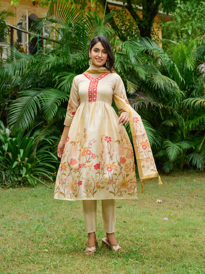 Ira Floral Printed Anarkali Pleated Kurta & Trousers With Printed Dupatta