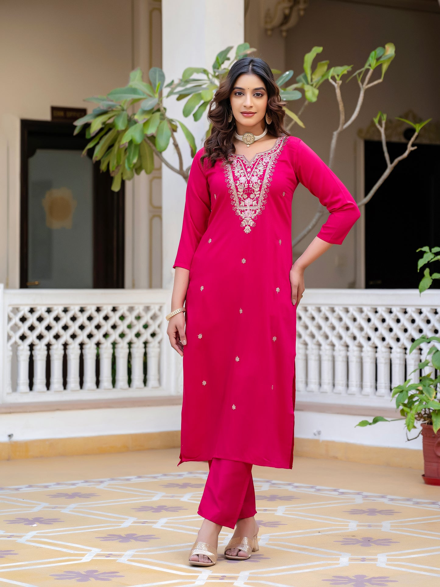 Sara Motifs Embroidered Silk Kurta with Trouser & Dupatta