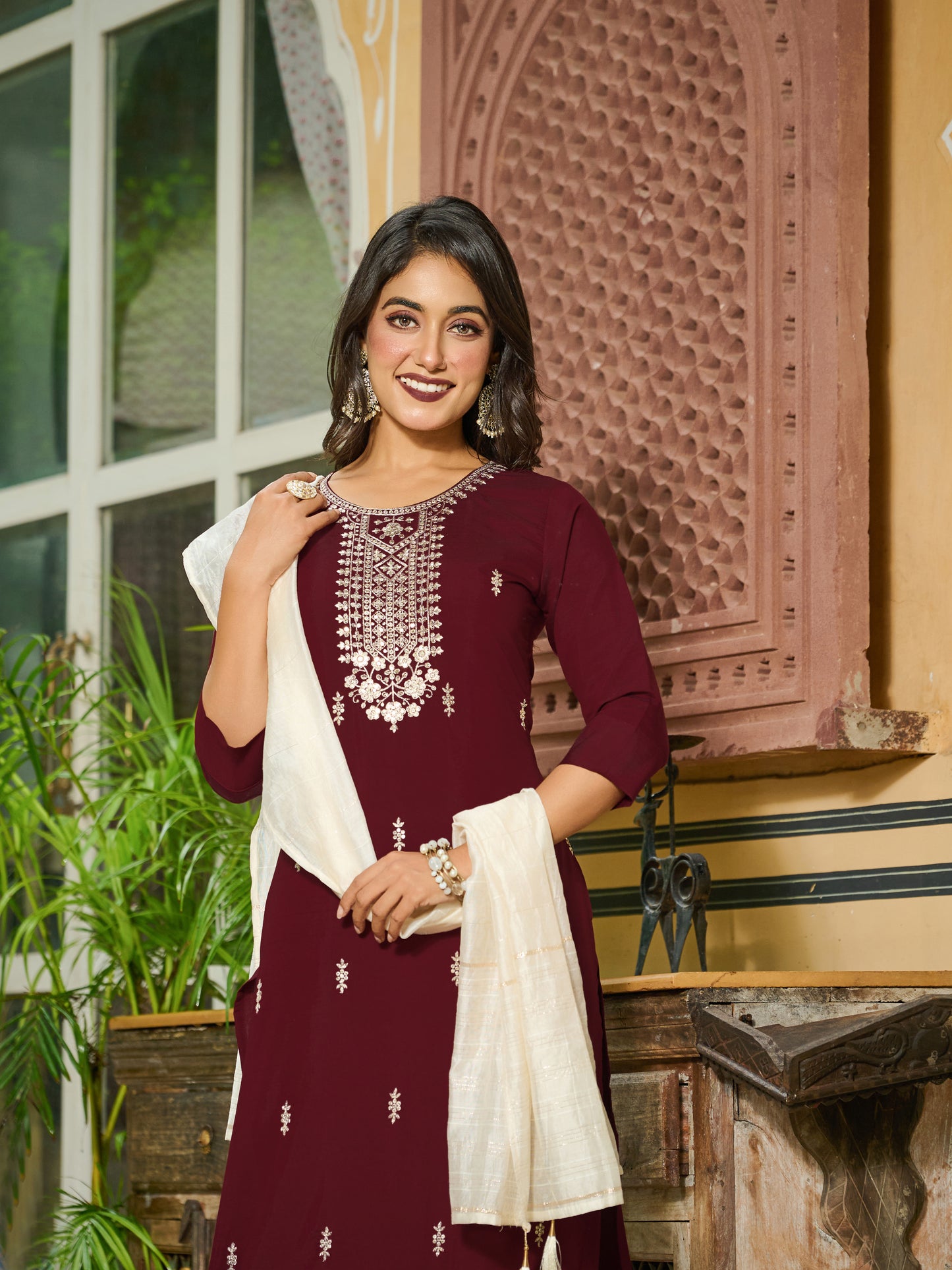 Tanvi Silk Blend Embroidered Kurta Set with Trousers and dupatta