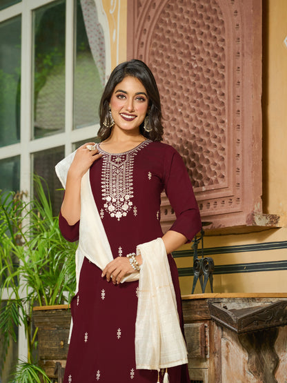 Tanvi Silk Blend Embroidered Kurta Set with Trousers and dupatta