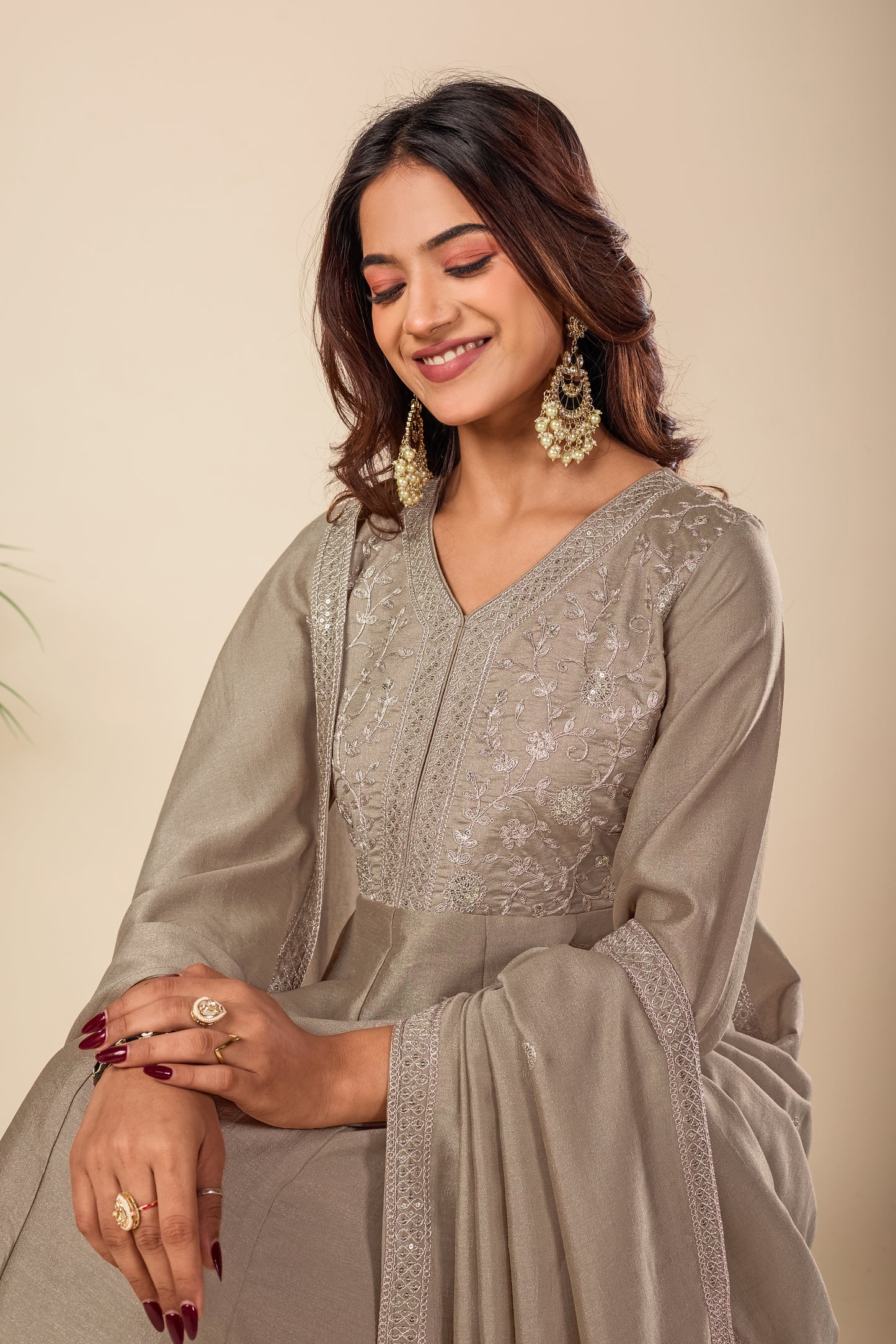 Beige Embroidered Silk Anarkali Kurta With Dupatta Set
