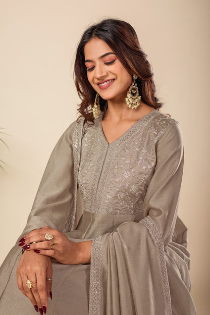 Beige Embroidered Silk Anarkali Kurta With Dupatta Set
