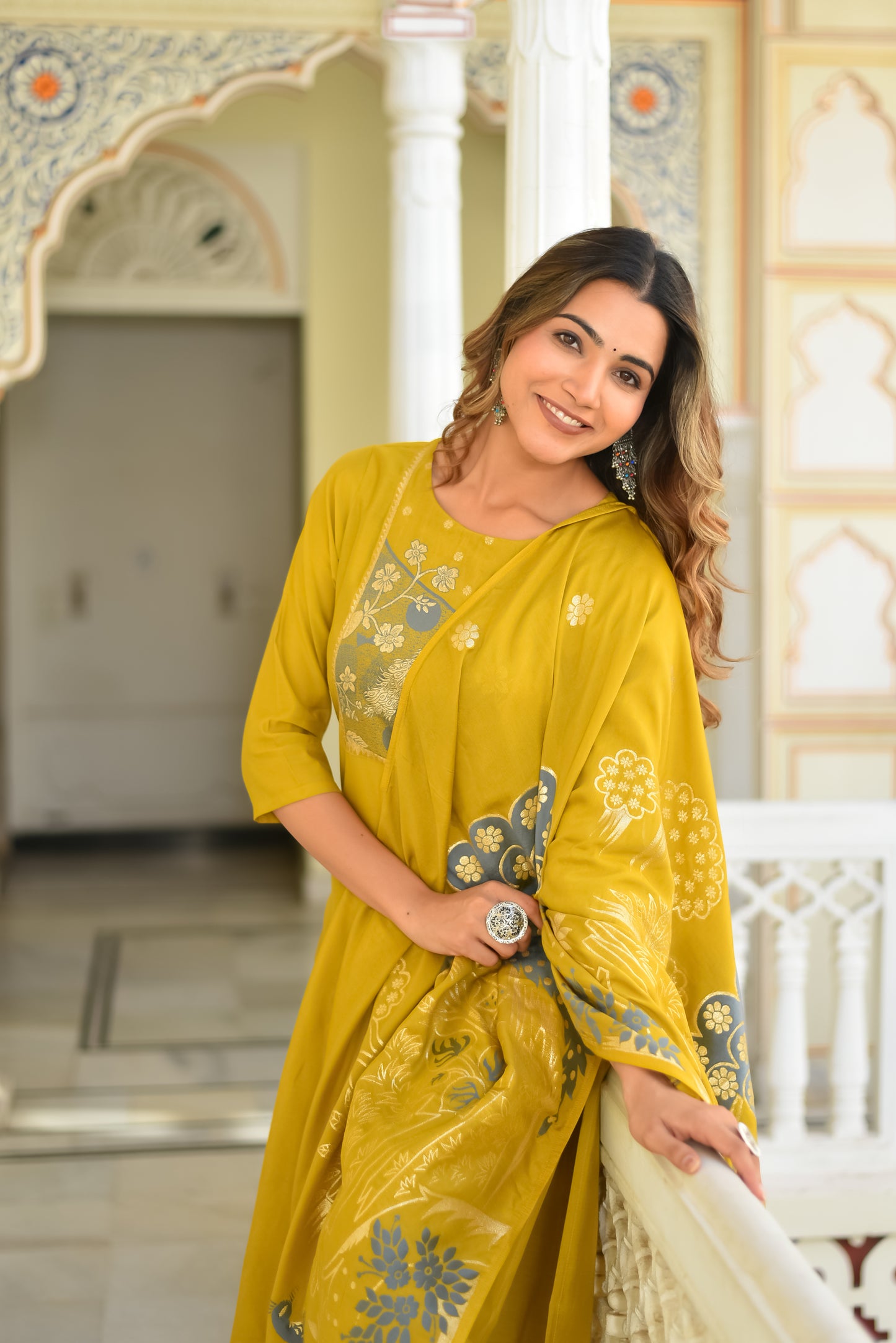 peacock Pure Silk printed Kurta with Trousers and dupatta