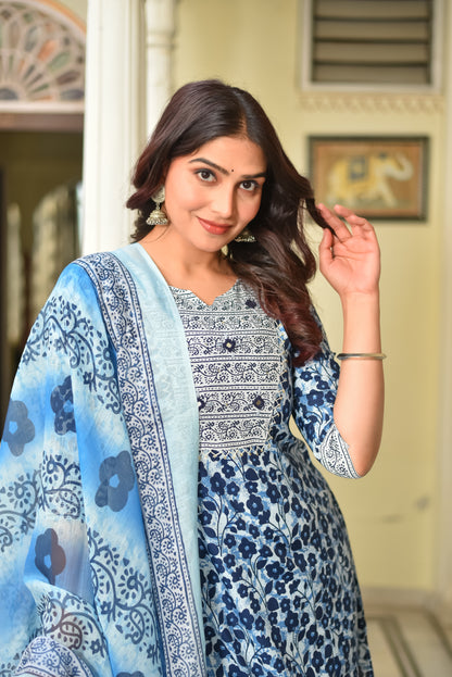 OCEAN LEAF COTTON KURTA SET WITH DUPATTA