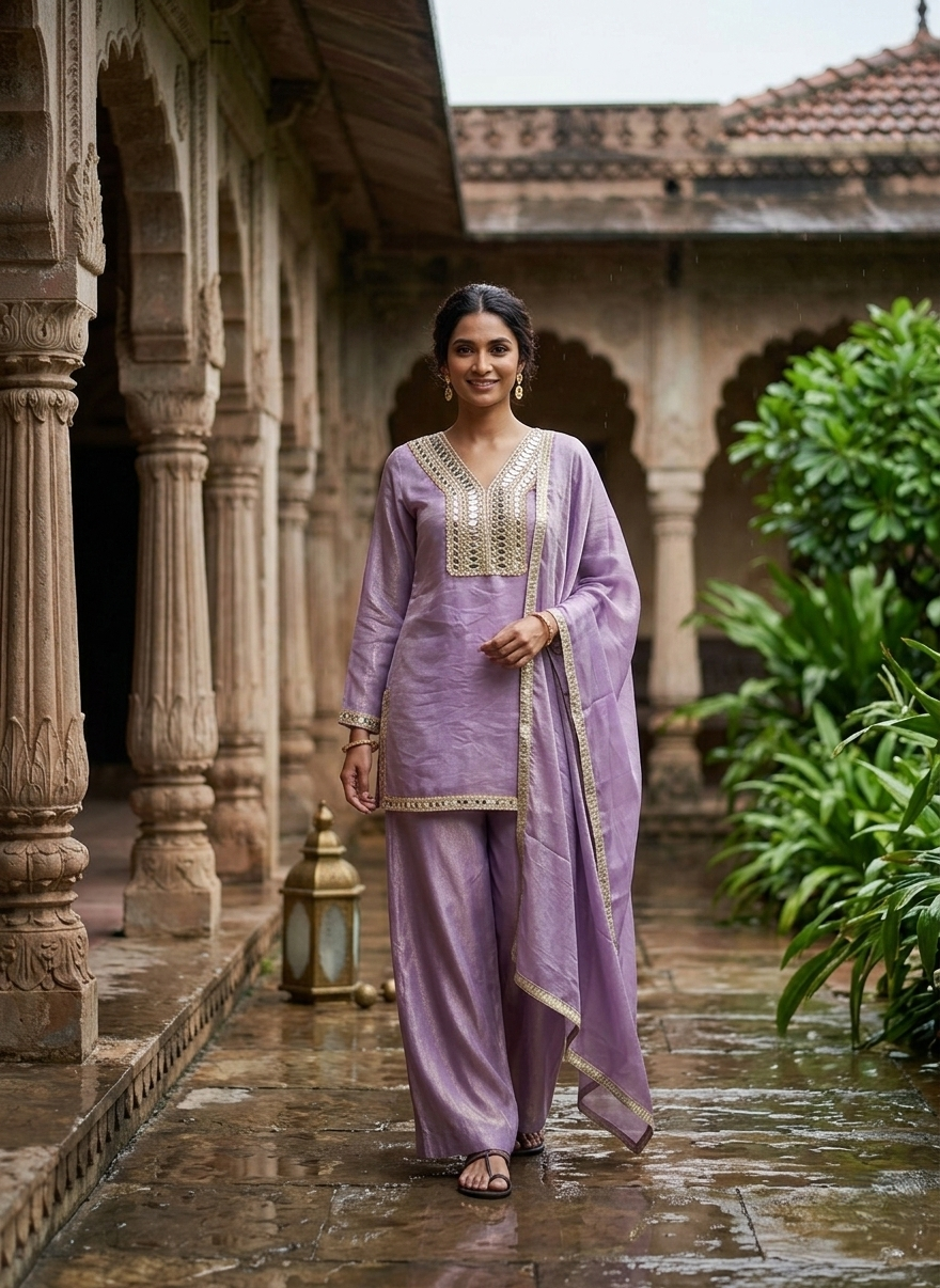 Mirror Work Embroidered Kurti with Dupatta & Plazo