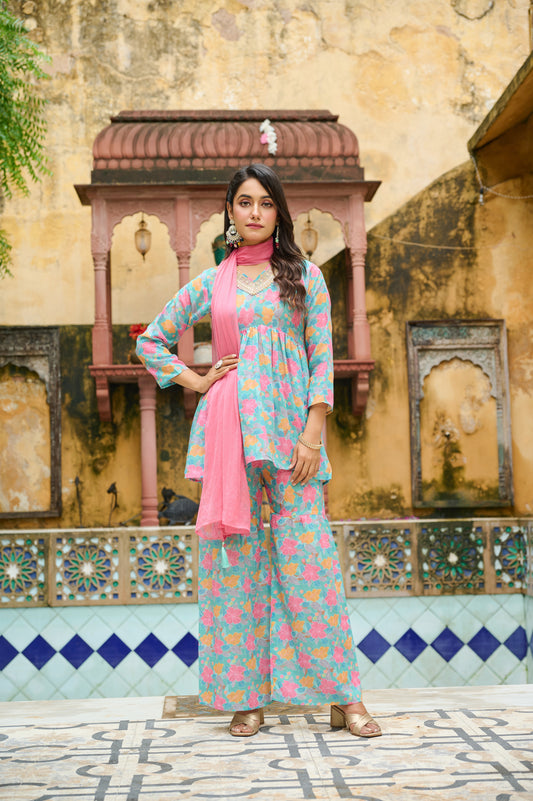 Kudi Botanical Print Cotton Kurta Set with Dupatta