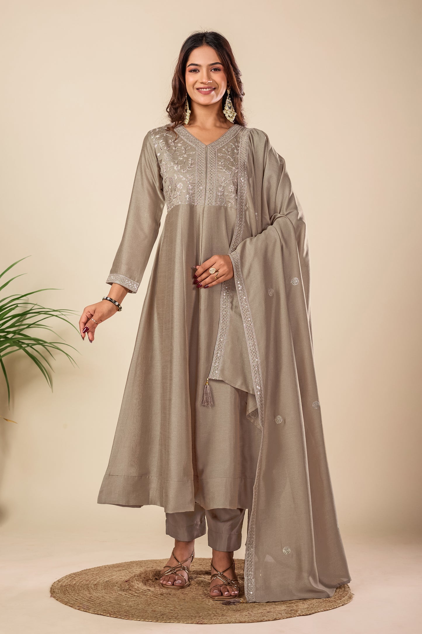Beige Embroidered Silk Anarkali Kurta With Dupatta Set