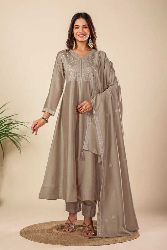 Beige Embroidered Silk Anarkali Kurta With Dupatta Set