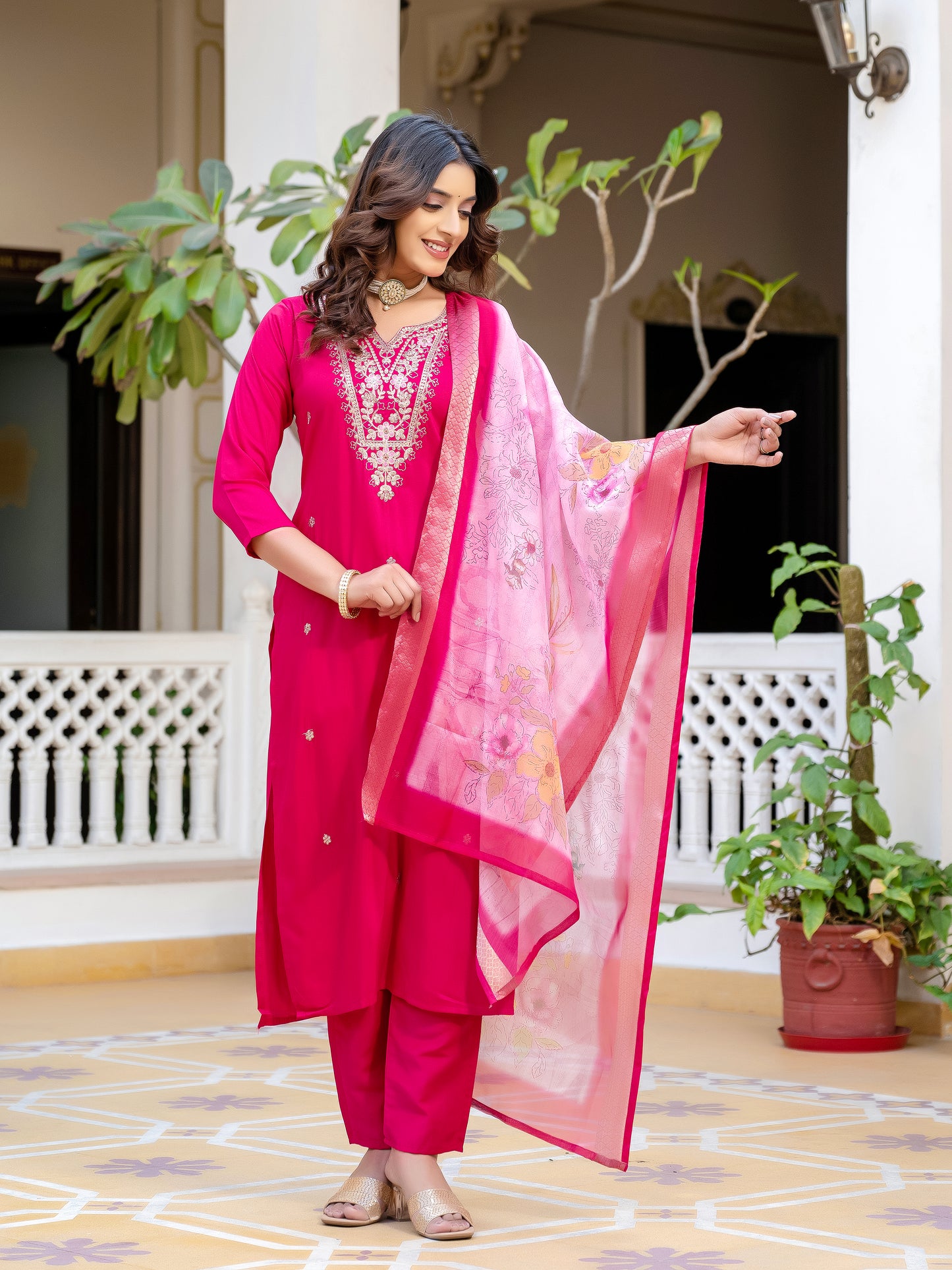 Sara Motifs Embroidered Silk Kurta with Trouser & Dupatta