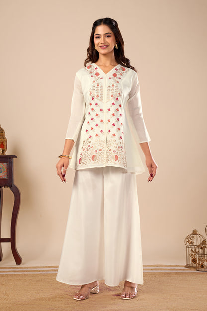 Kusum White Floral Embroidered Mul-Chanderi co-ord set