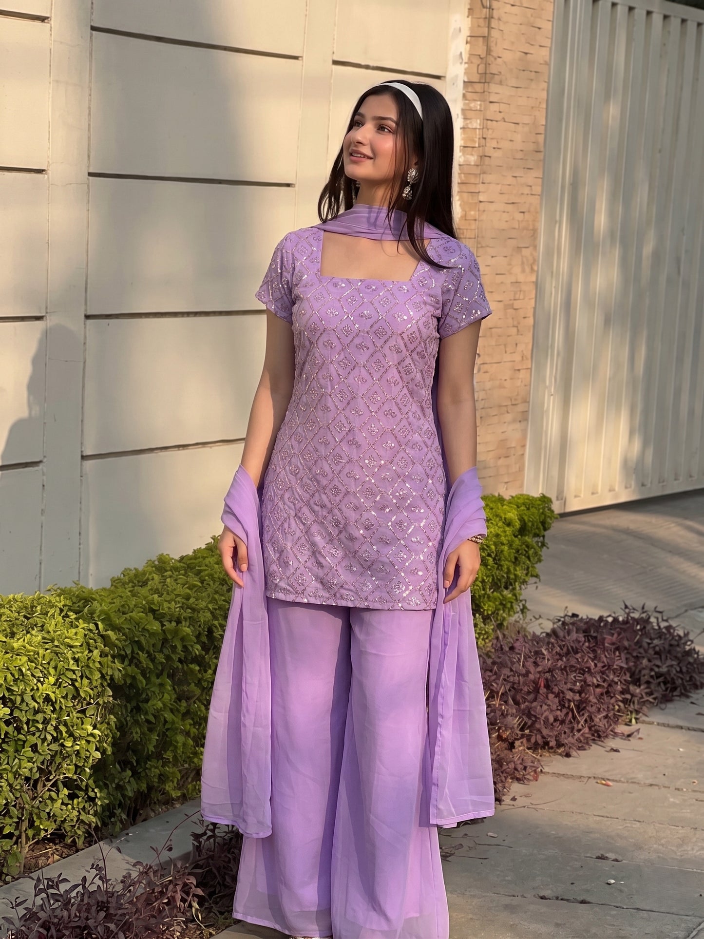 90's Style Glam Kurta Set with Bell Bottom Palazzo & Dupatta