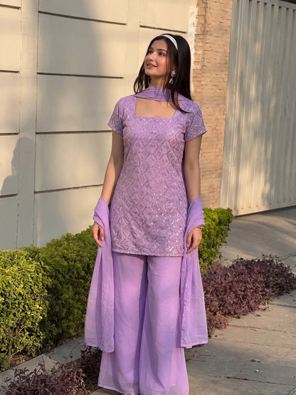 90's Style Glam Kurta Set with Bell Bottom Palazzo & Dupatta