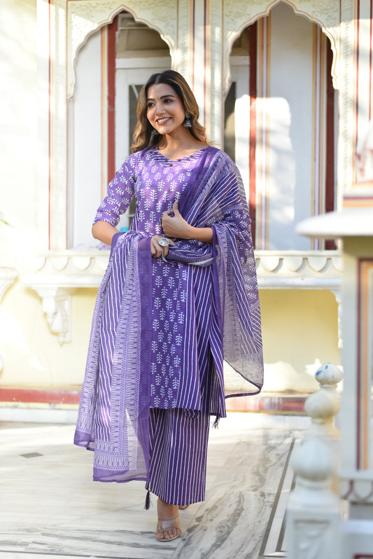 Purple Bloom Printed Cotton Kurta Set