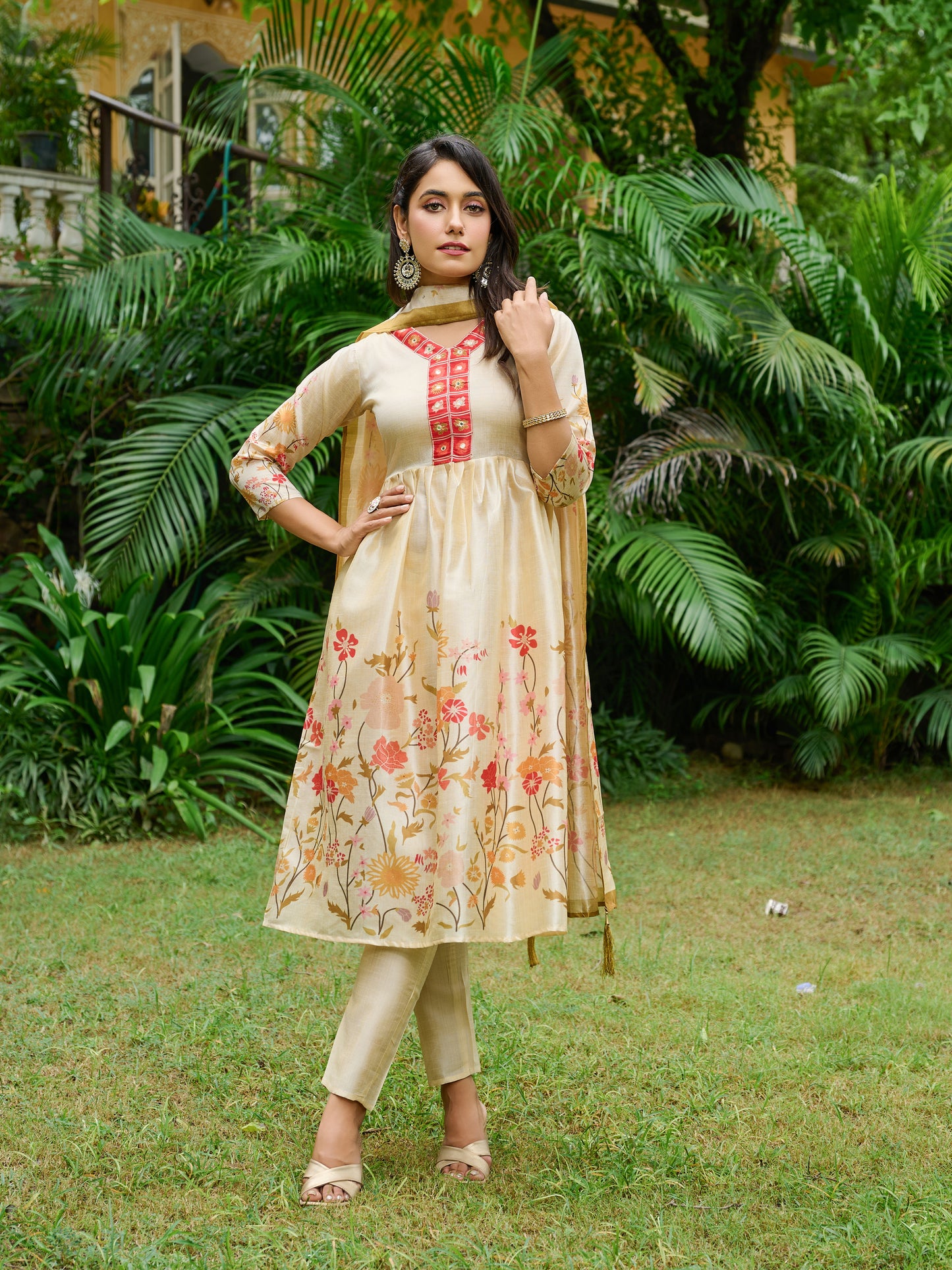 Ira Floral Printed Anarkali Pleated Kurta & Trousers With Printed Dupatta