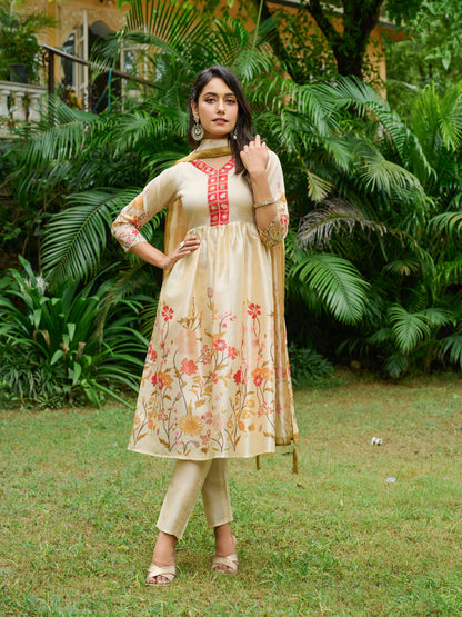 Ira Floral Printed Anarkali Pleated Kurta & Trousers With Printed Dupatta