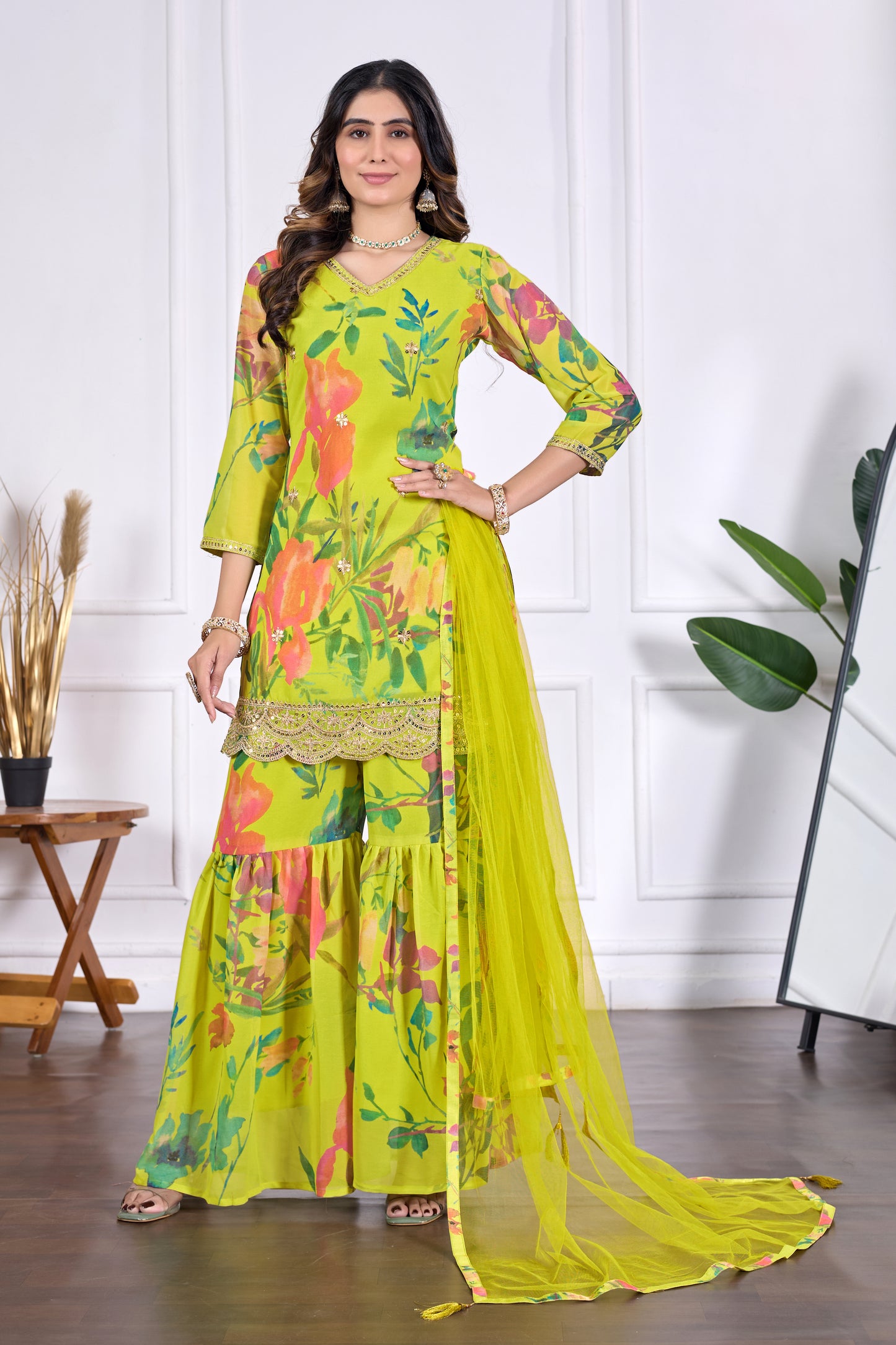 Palak Embroidered Printed Sharara Set with Dupatta