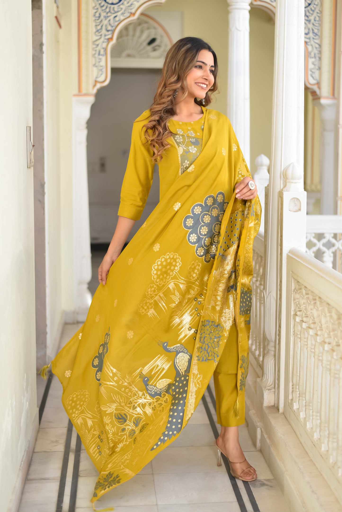 peacock Pure Silk printed Kurta with Trousers and dupatta