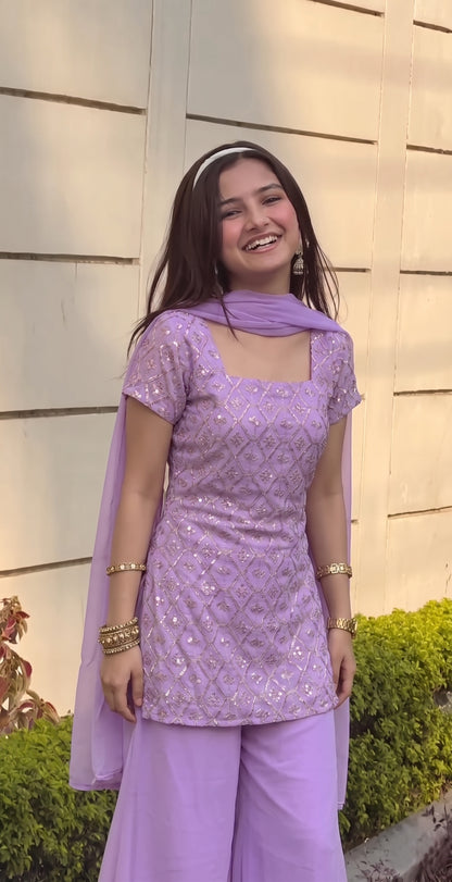 90's Style Glam Kurta Set with Bell Bottom Palazzo & Dupatta
