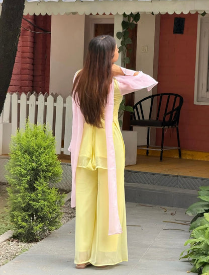 90's Style Iconic Pastel Yellow Kurta Set with Bell Bottom Palazzo & Dupatta